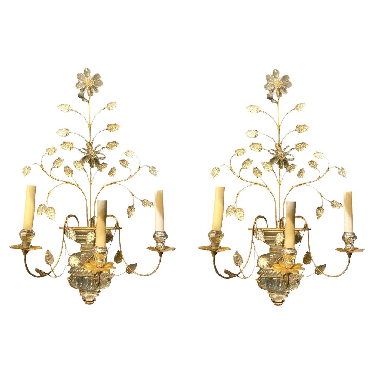 1930's French Large Bagues Gilt Metal 3 Lights Sconces