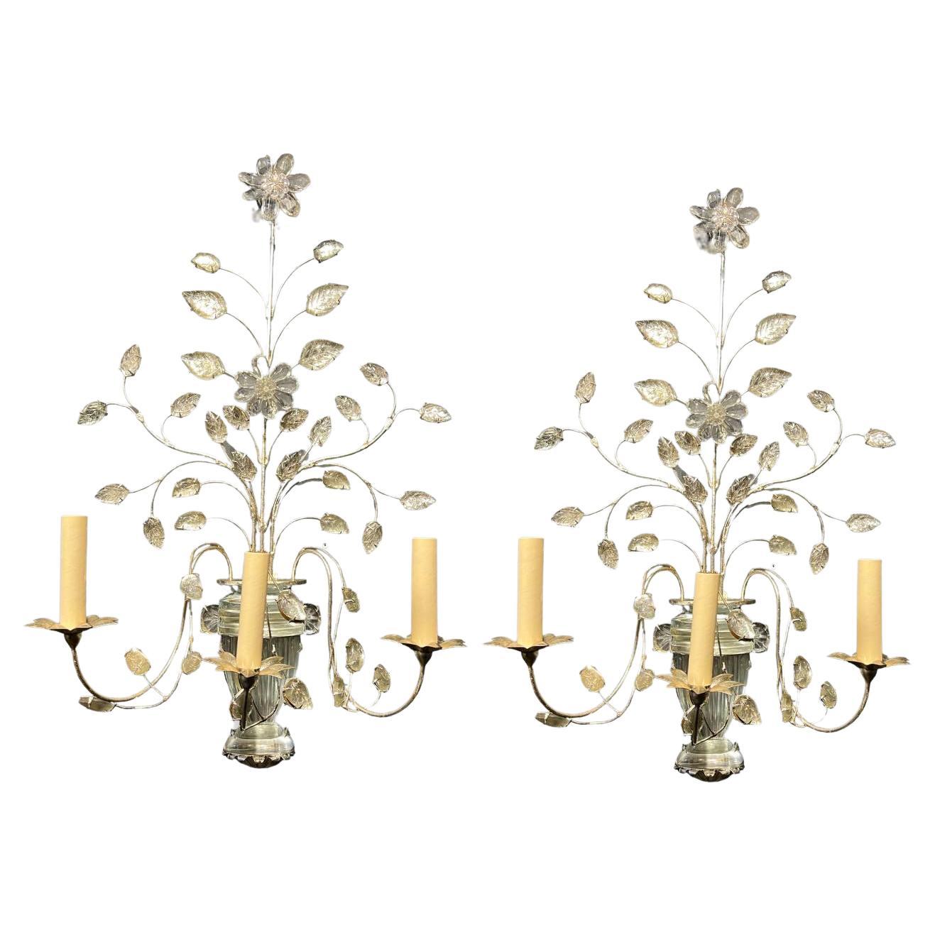 Pair 1930's Large French Bagues Silver Leafed 3 Lights Sconces For Sale