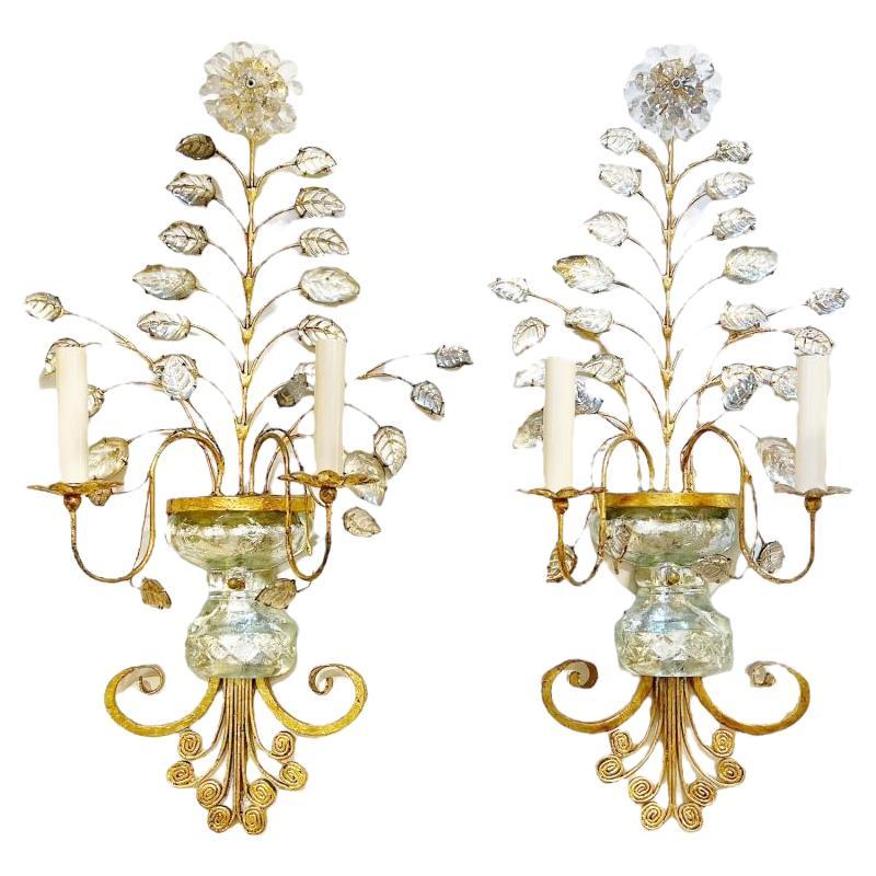 Pair 1930's French Bagues Large Sconces with Crystal Body