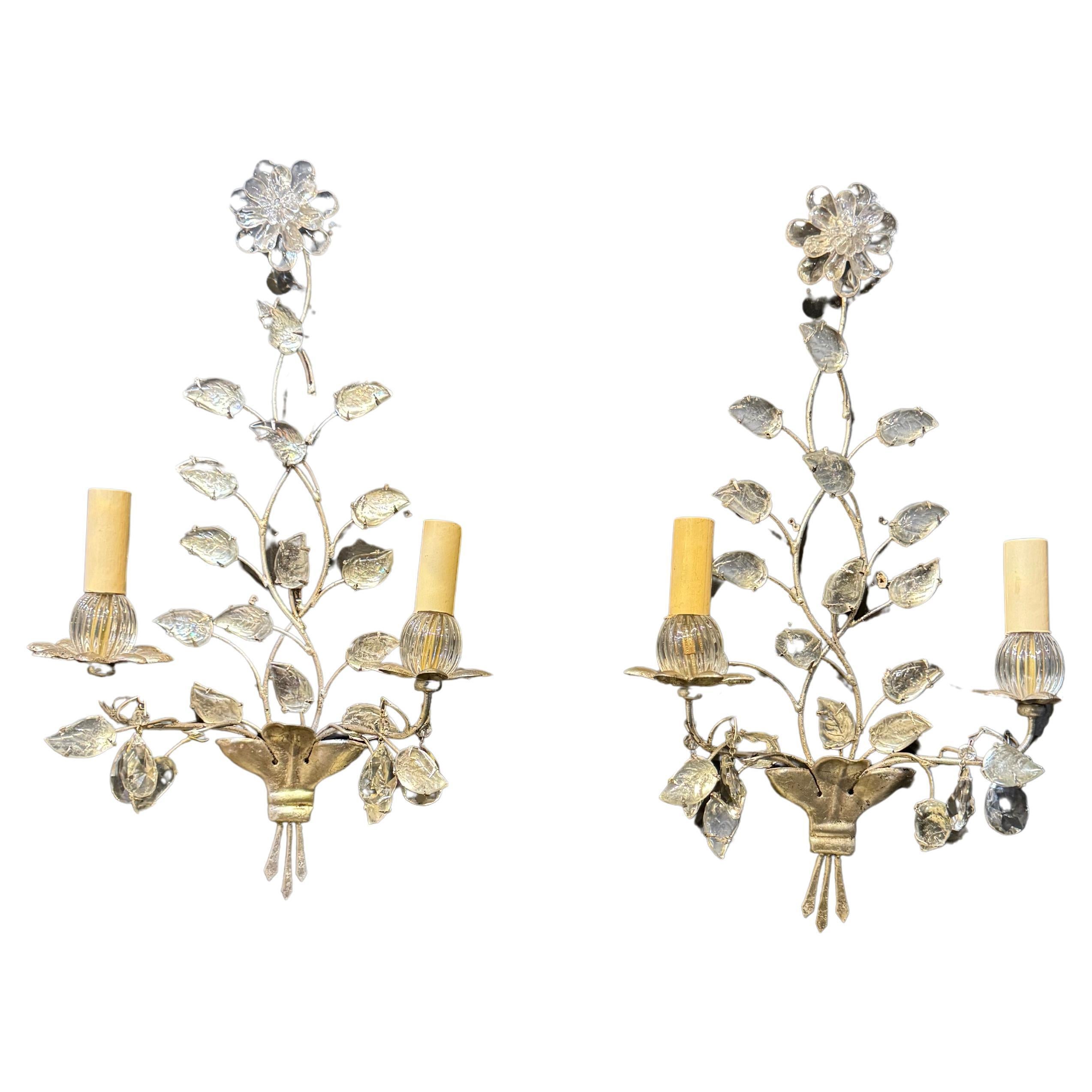 1930’s French Bagues Silver Leaf Sconces  For Sale