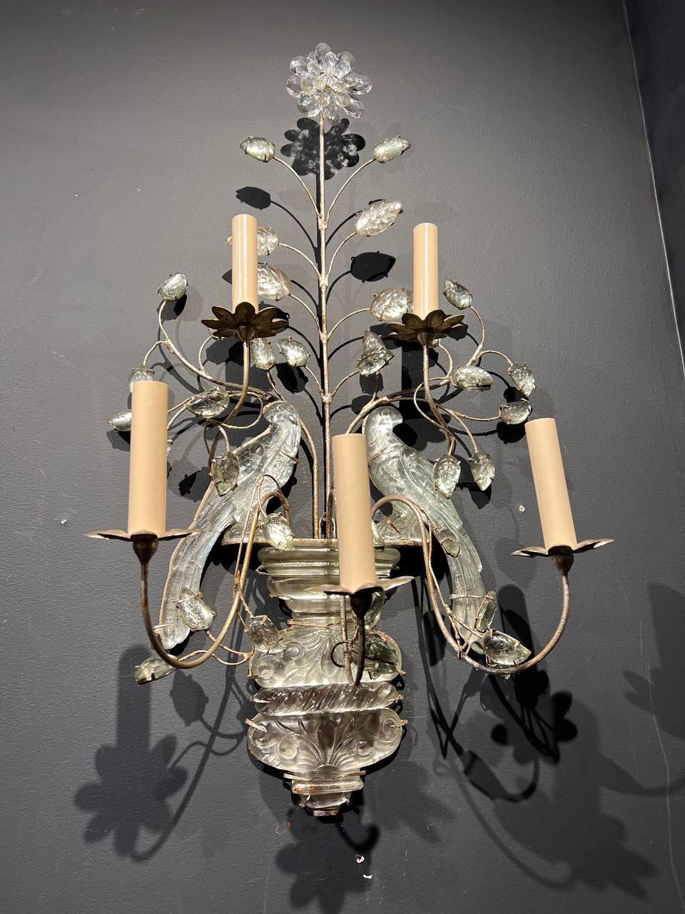 A circa 1930's French large silver leaf sconces with double bird's design, 5 lights 