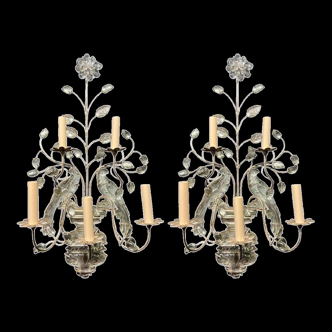 French Provincial 1930's Large French Bagues Silver Leaf Sconces with Double Birds and 5 Lights For Sale