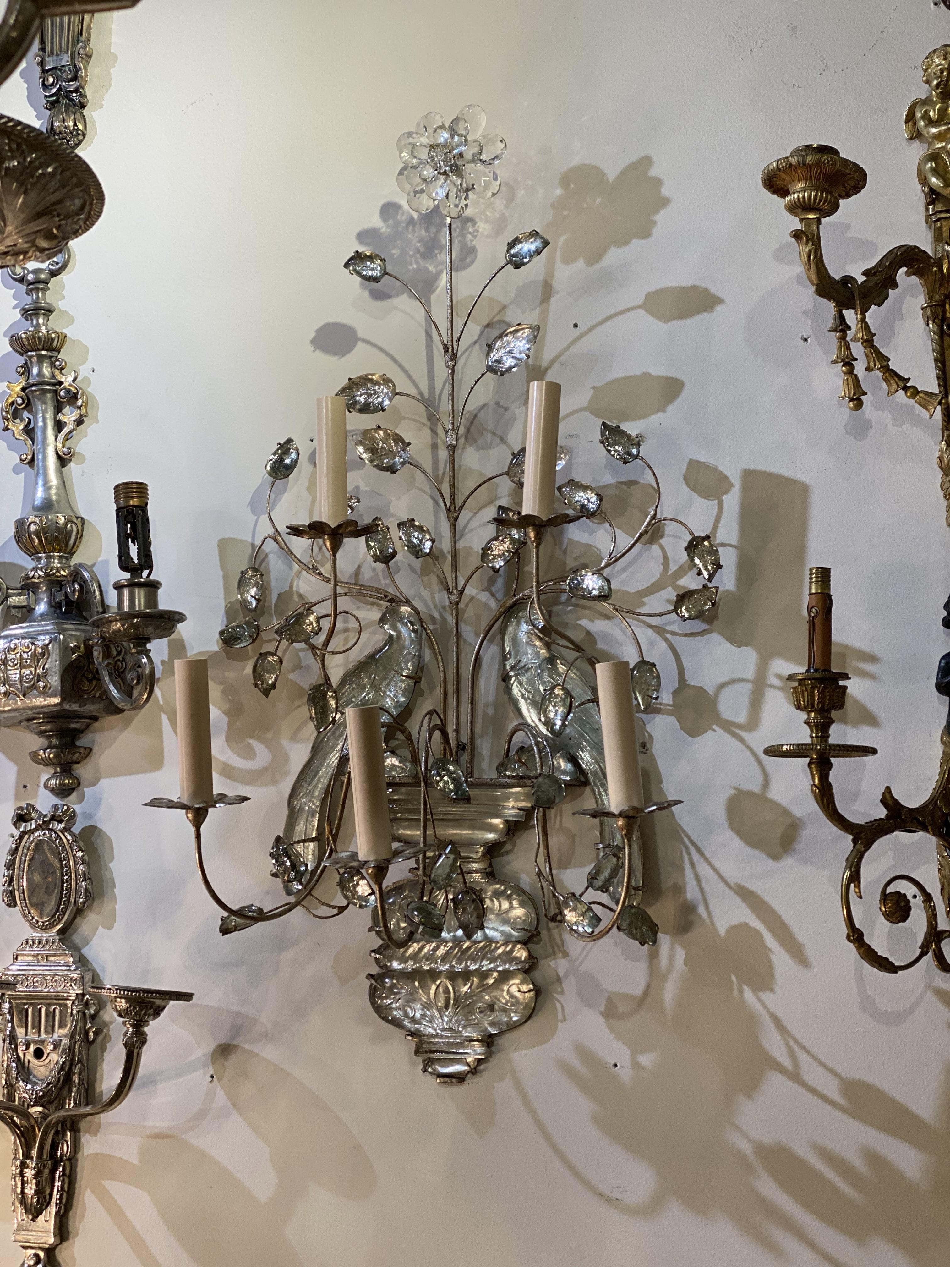 1930's Large French Bagues Silver Leaf Sconces with Double Birds and 5 Lights In Good Condition For Sale In New York, NY