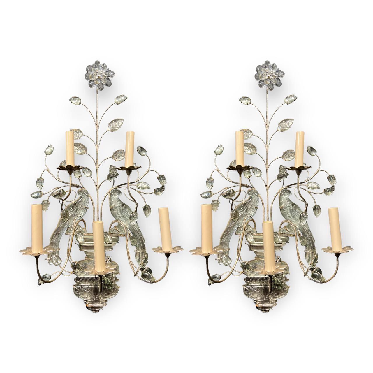 Mid-20th Century 1930's Large French Bagues Silver Leaf Sconces with Double Birds and 5 Lights For Sale