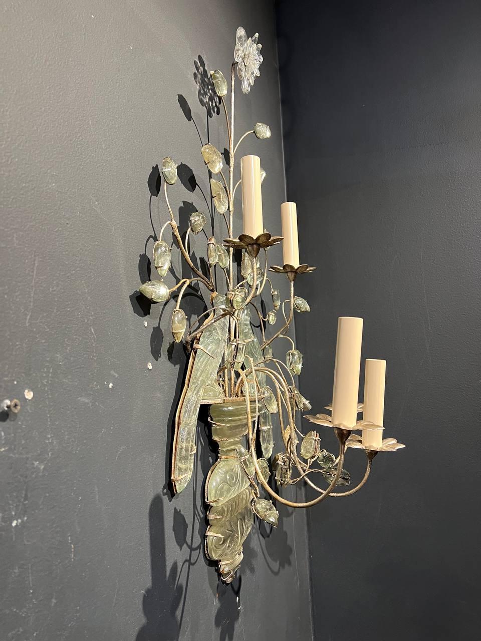 1930's Large French Bagues Silver Leaf Sconces with Double Birds and 5 Lights For Sale 1