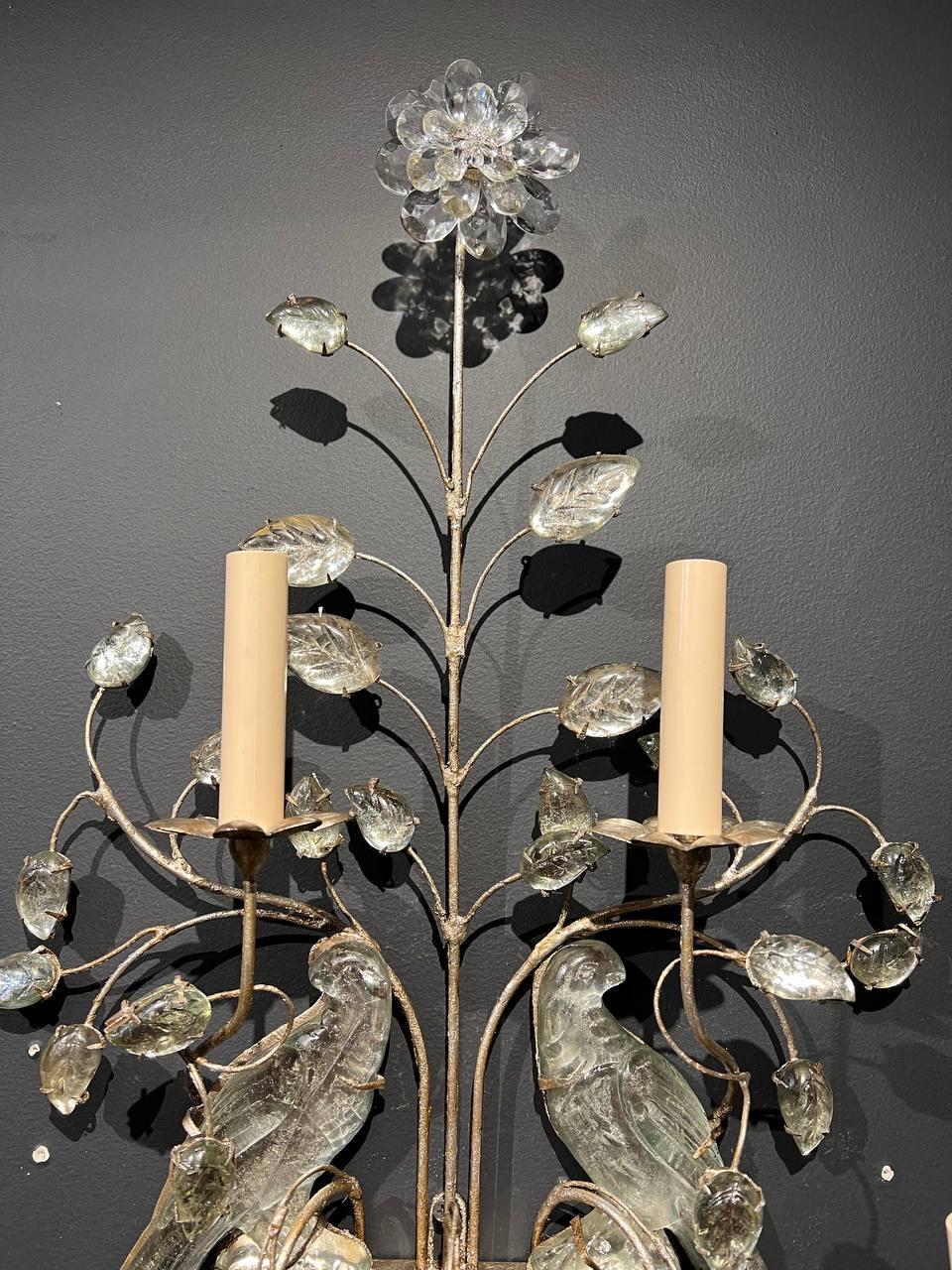 1930's Large French Bagues Silver Leaf Sconces with Double Birds and 5 Lights For Sale 2