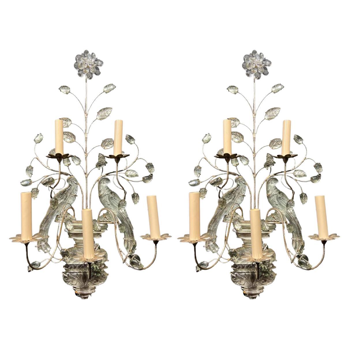 1930's Large French Bagues Silver Leaf Sconces with Double Birds and 5 Lights