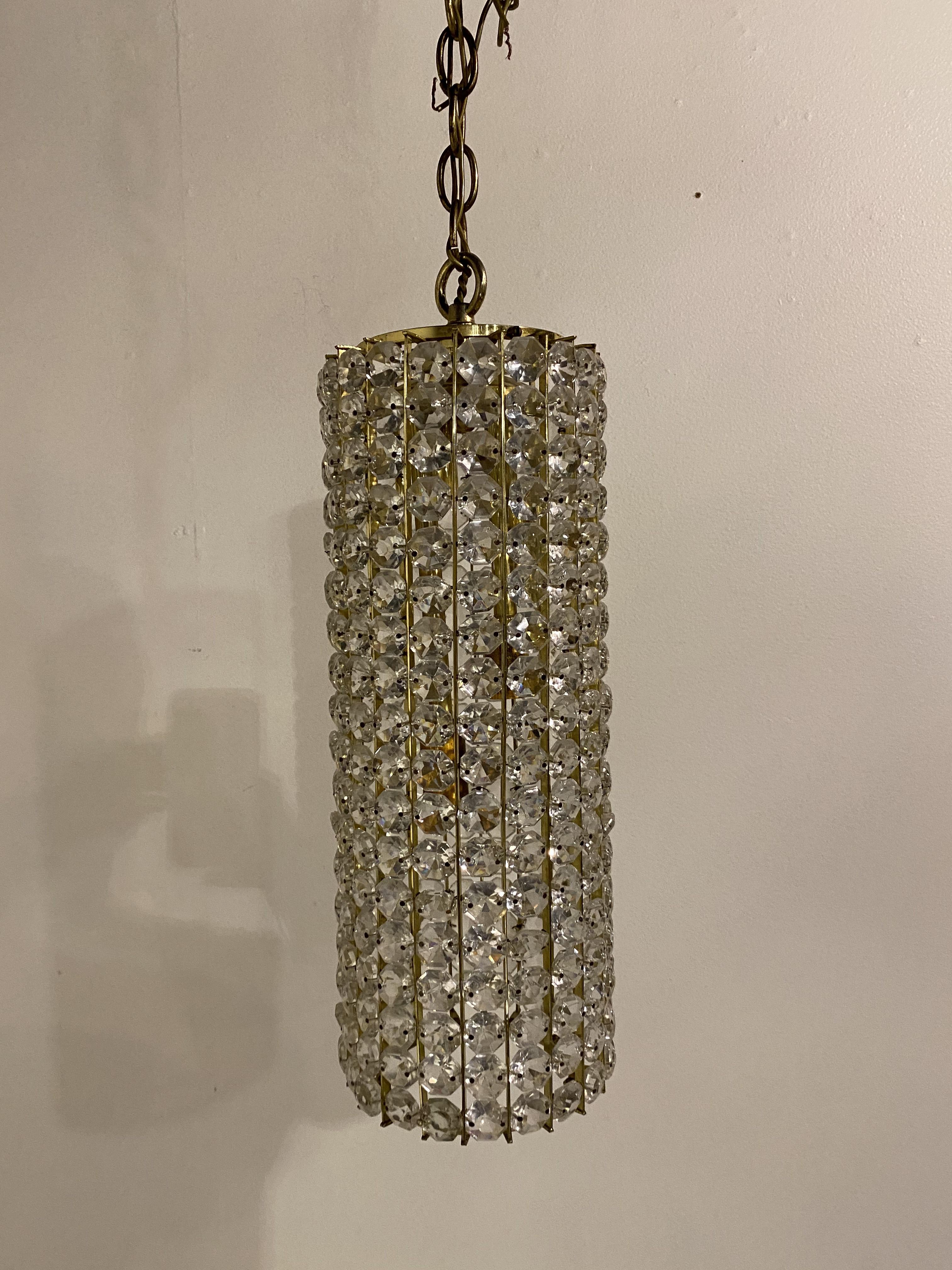 French Provincial 1930's French Crystal Cylindrical Shape Light Fixture For Sale