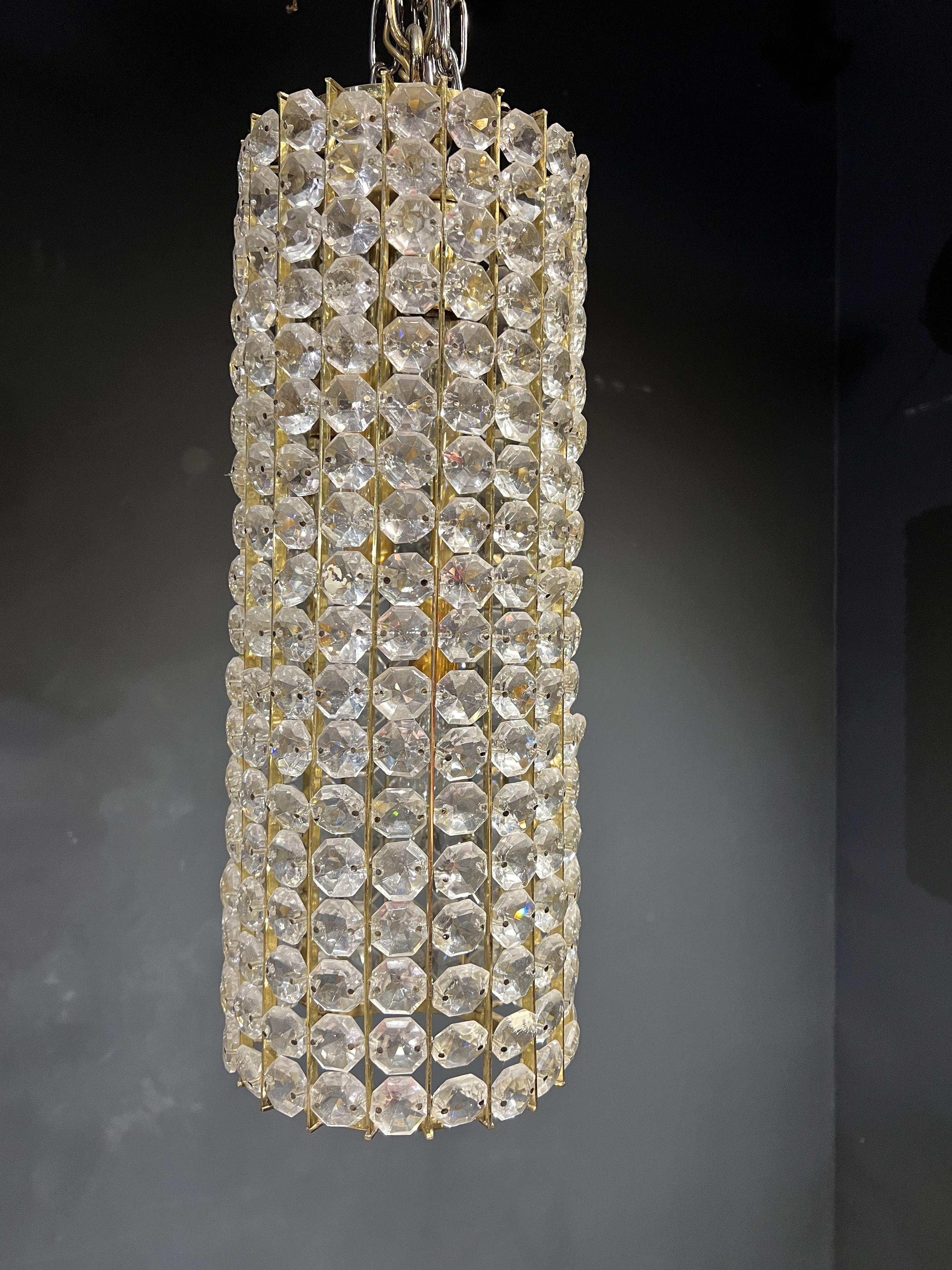 1930's French Crystal Cylindrical Shape Light Fixture In Good Condition For Sale In New York, NY