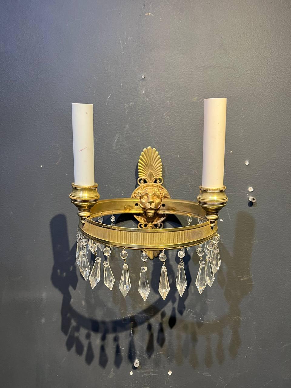 Bronze 1930's French Empire Sconces with Lion's Head For Sale