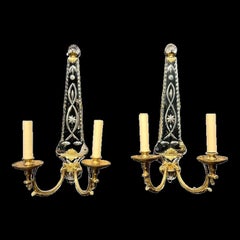 Miroir gravé français des années 1930 et appliques en bronze doré