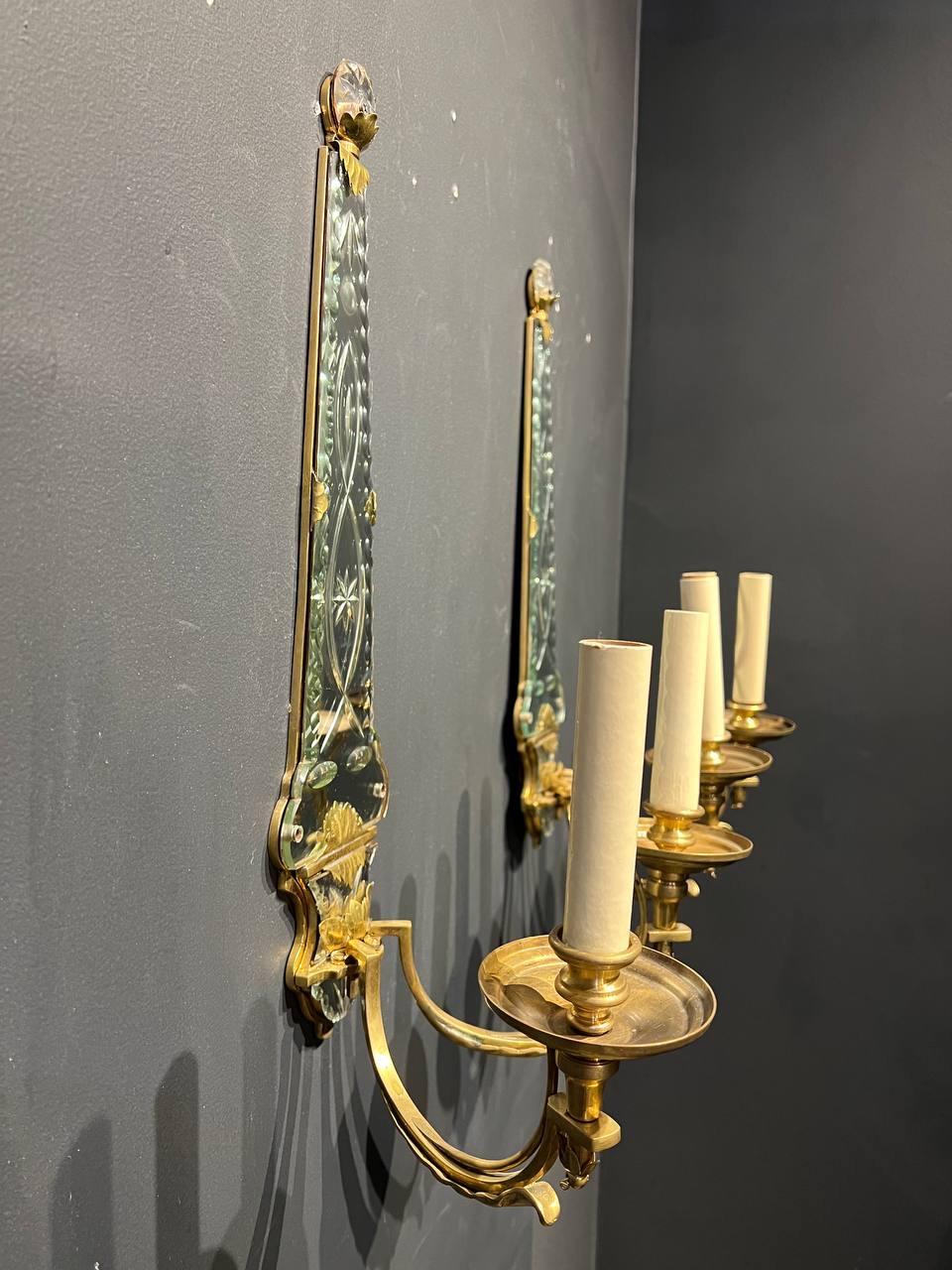 French Provincial 1930's French Etched Mirror and Gilt Bronze Sconces  For Sale