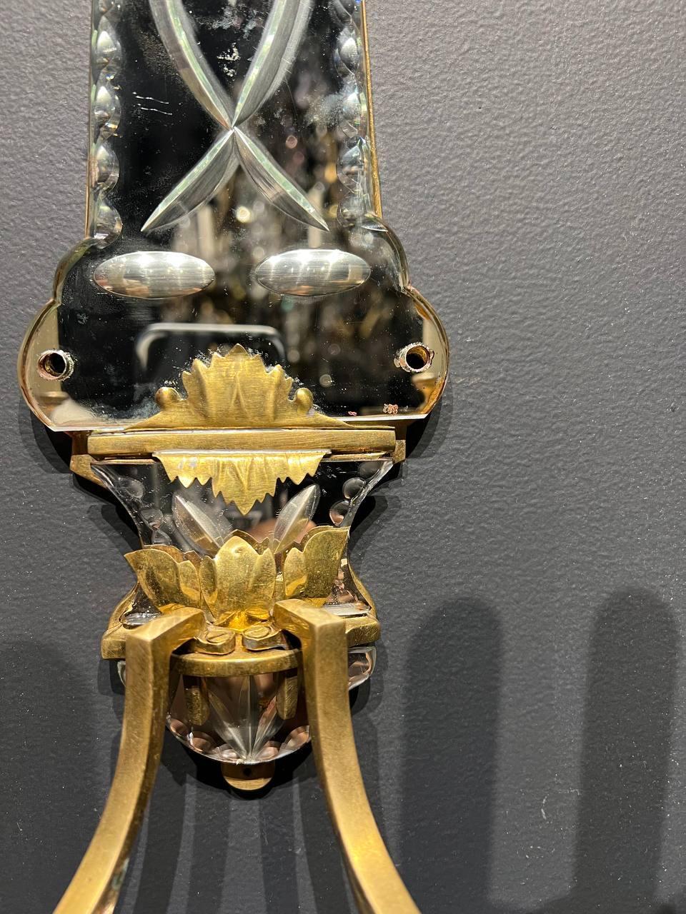 1930's French Etched Mirror and Gilt Bronze Sconces  In Good Condition For Sale In New York, NY
