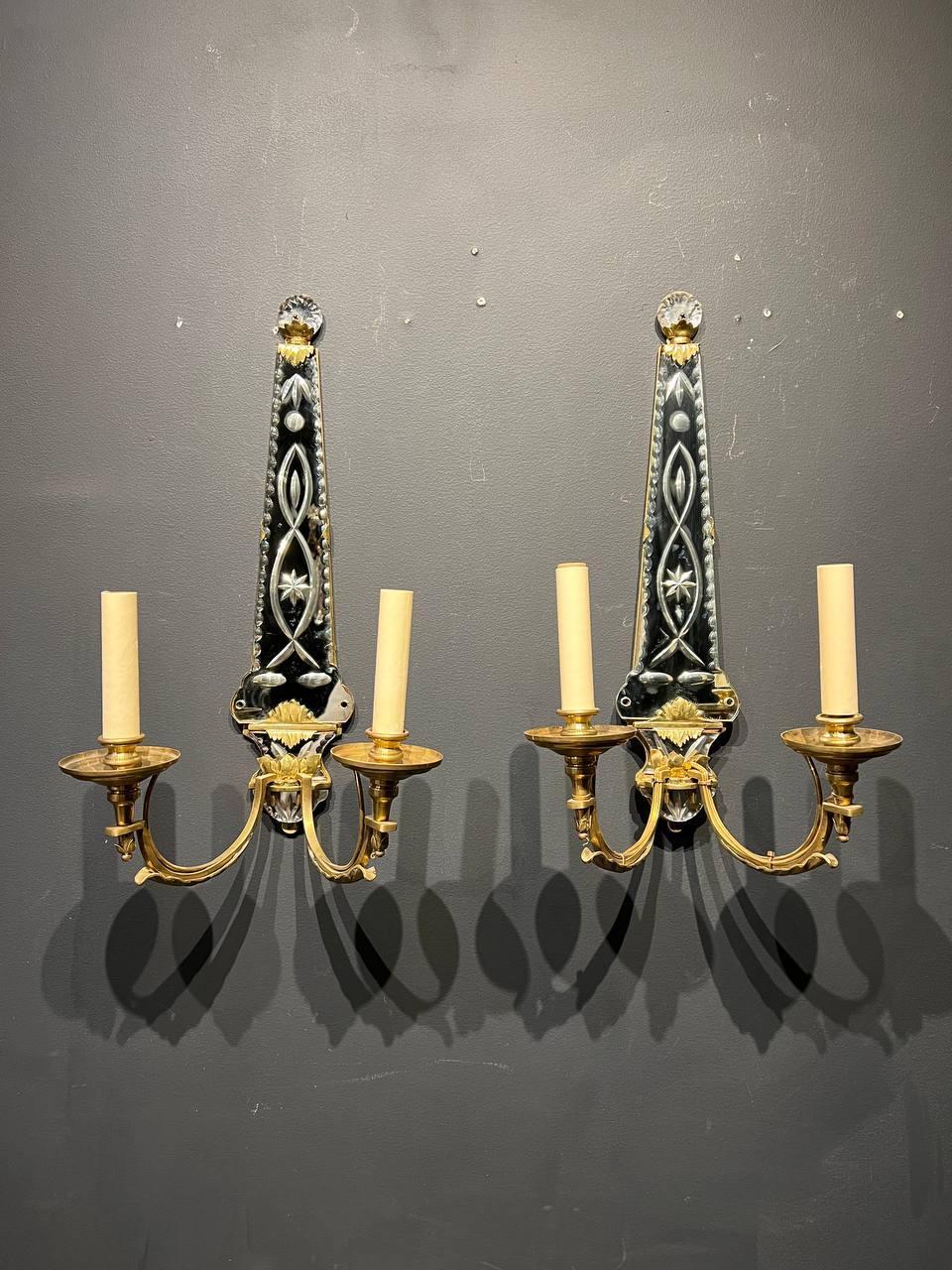 Mid-20th Century 1930's French Etched Mirror and Gilt Bronze Sconces  For Sale
