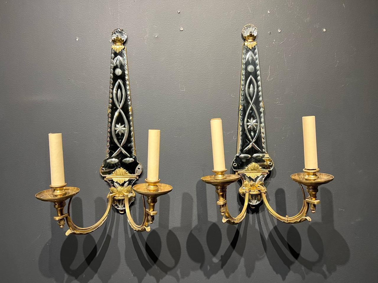 1930's French Etched Mirror and Gilt Bronze Sconces  For Sale 2