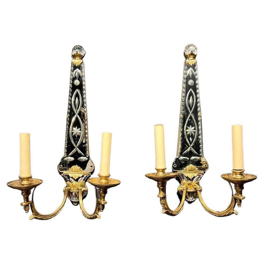1930's French Etched Mirror and Gilt Bronze Sconces 