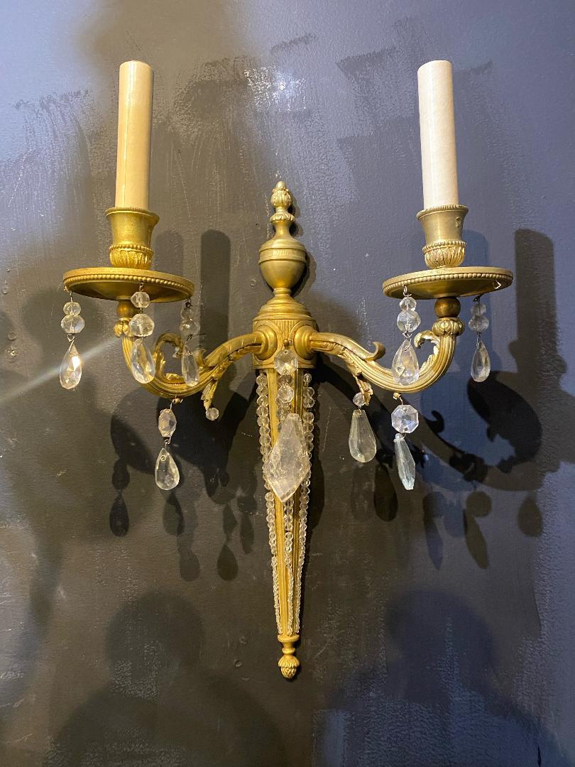 Louis XVI 1930's French Gilt Bronze Sconces with Rock Crystals  For Sale