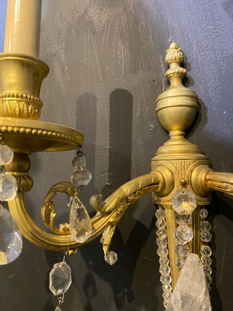 Early 20th Century 1930's French Gilt Bronze Sconces with Rock Crystals  For Sale