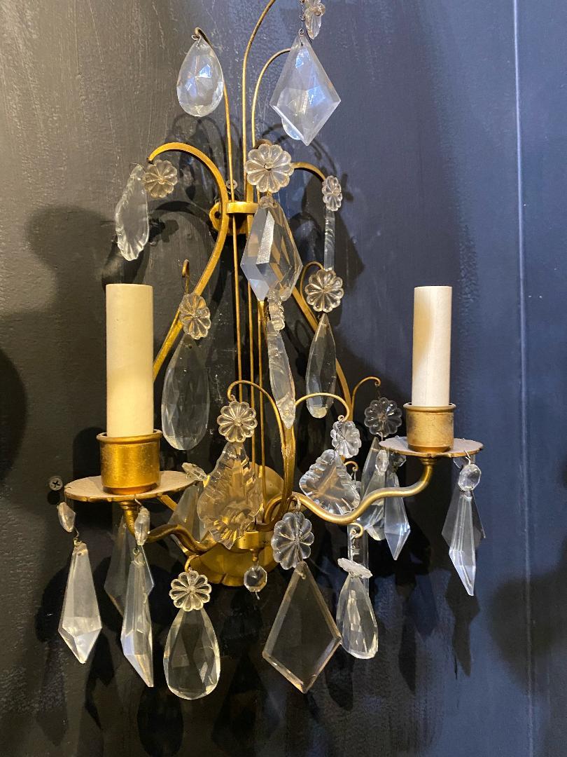 Pair 1930's French Gilt Bronze Lire Sconces with Crystals For Sale 1