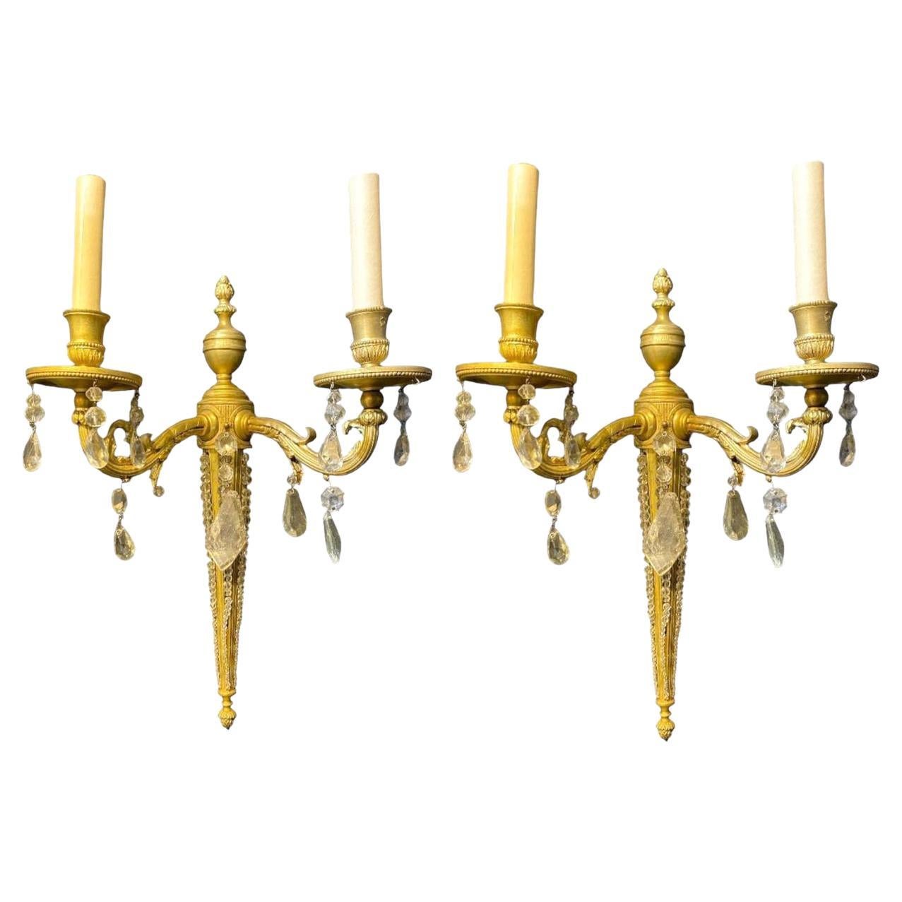 1930's French Gilt Bronze Sconces with Rock Crystals  For Sale