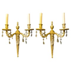 Antique 1930's French Gilt Bronze Sconces with Rock Crystals 