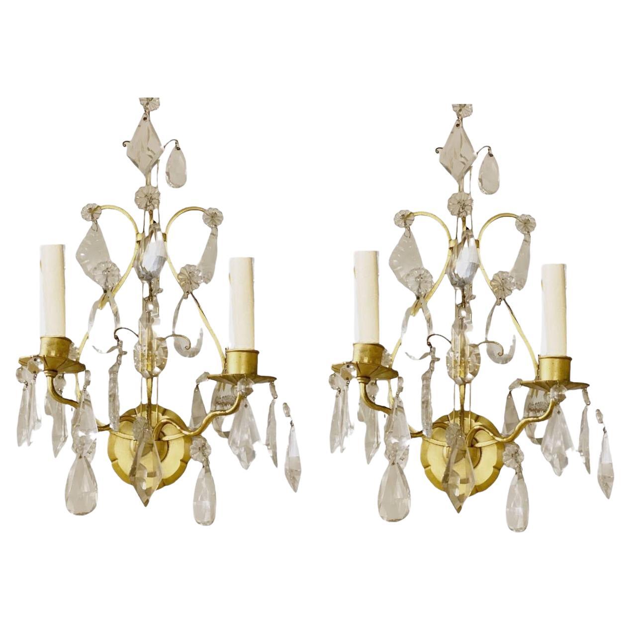 Pair 1930's French Gilt Bronze Lire Sconces with Crystals