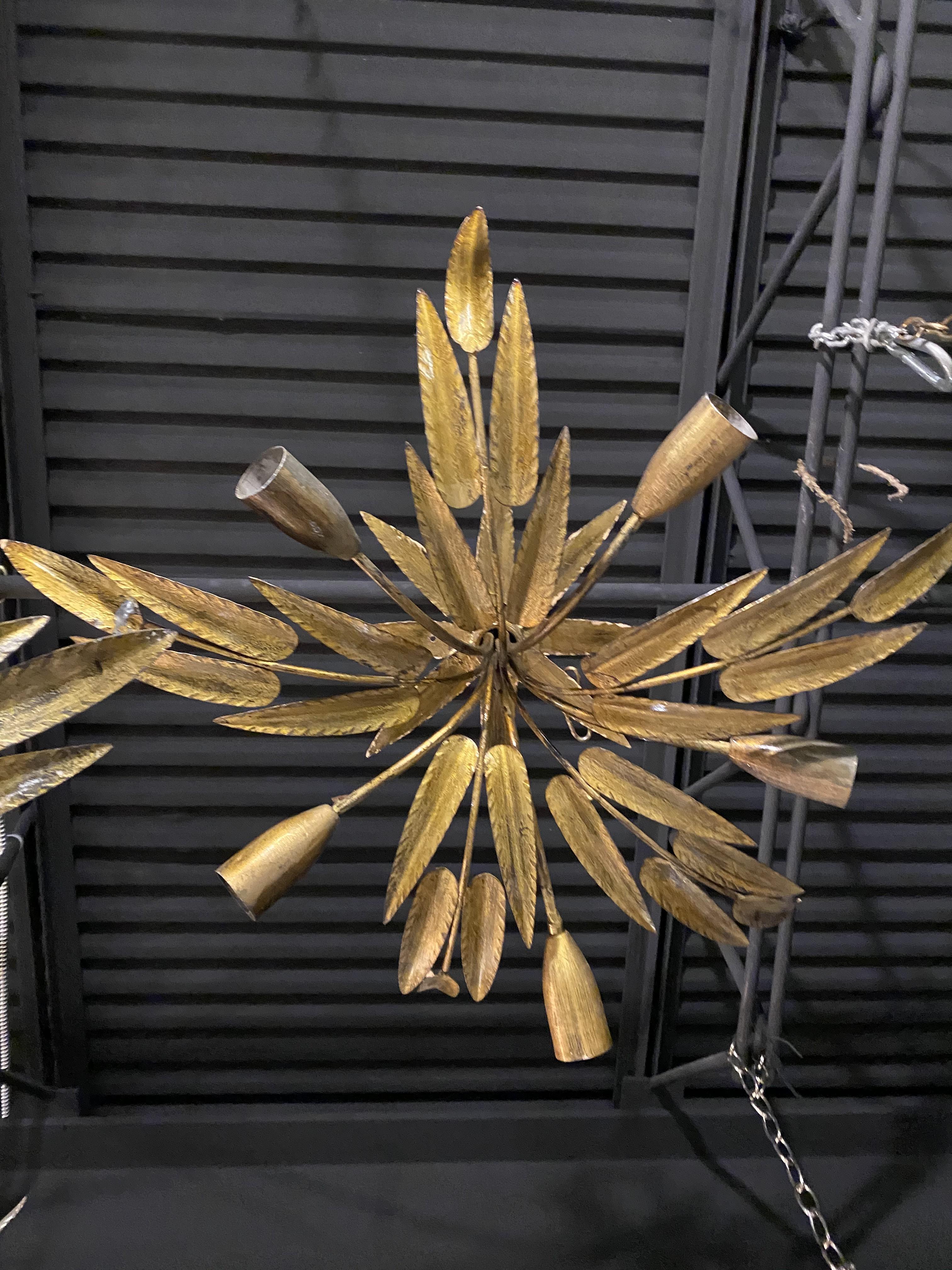 Circa 1930's French gilt metal leaves shape  light fixtures with 5 lights