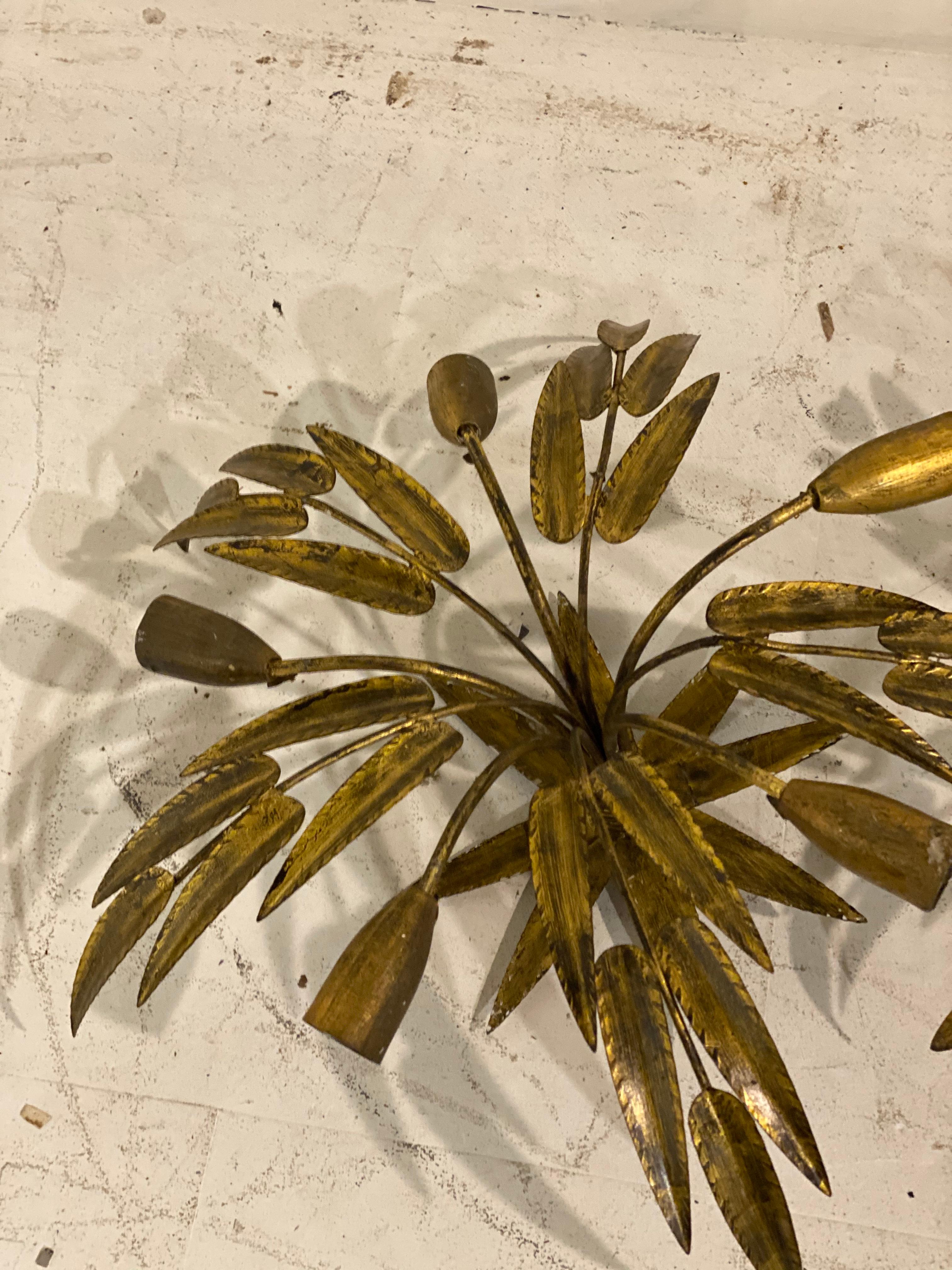 Mid-20th Century 1930's French Gilt Metal Leaves Light Fixture with 5 Lights For Sale