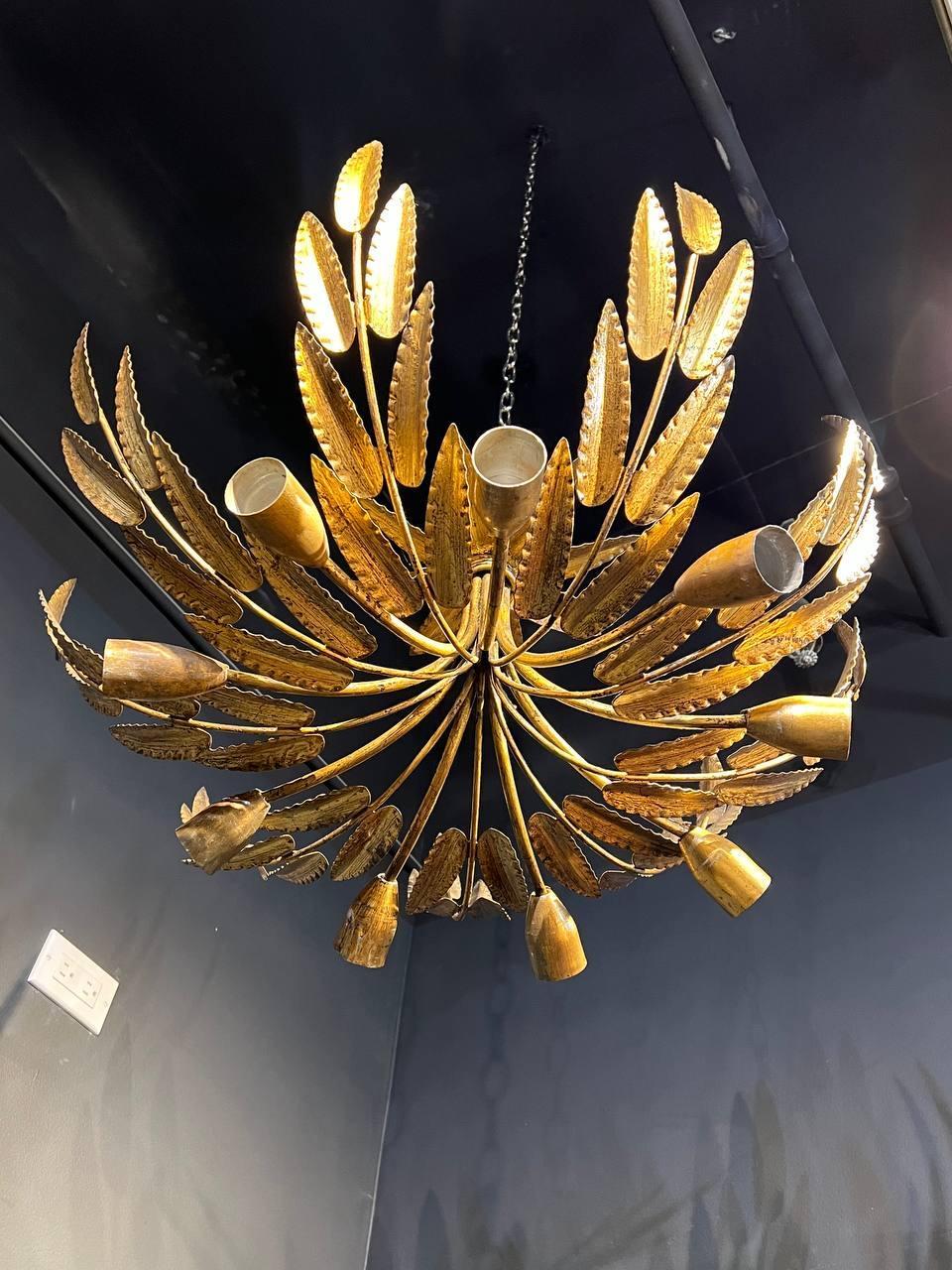 French Provincial 1930's French Gilt Metal Sunburst Light Fixture with 9 Lights  For Sale