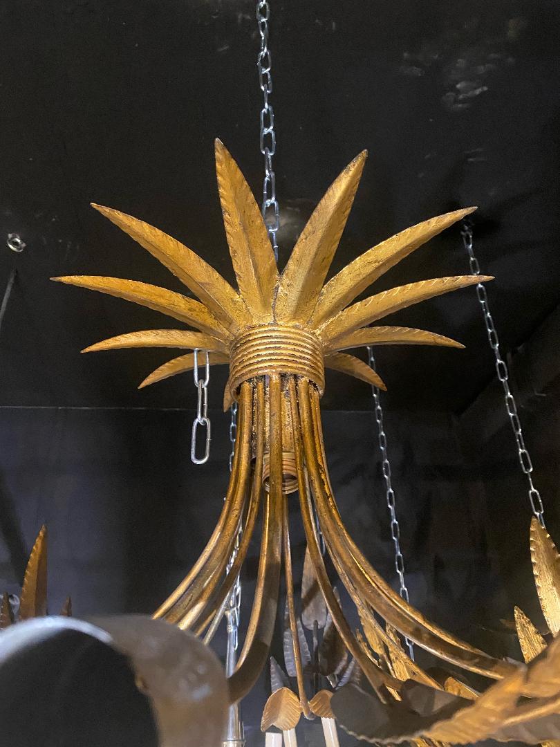 1930's French Gilt Metal Sunburst Light Fixture with 9 Lights  For Sale 1