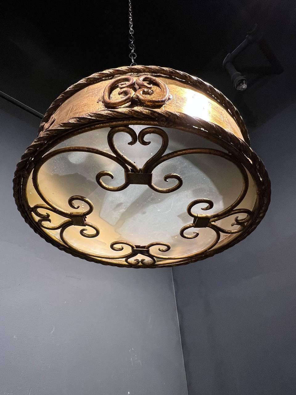 Mid-20th Century 1930's French Gilt Metal Flush Mount with Frosted Glass For Sale