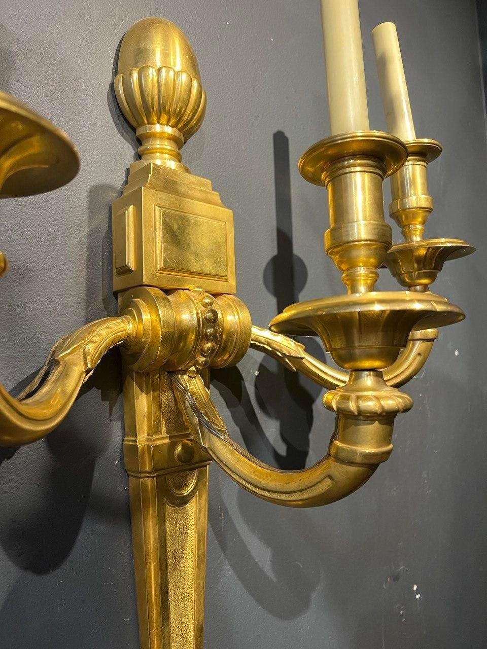 Pair 1930's French Large Gilt Bronze 3 Lights Sconces In Good Condition For Sale In New York, NY