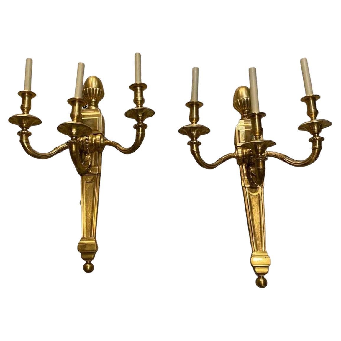 Pair 1930's French Large Gilt Bronze 3 Lights Sconces For Sale