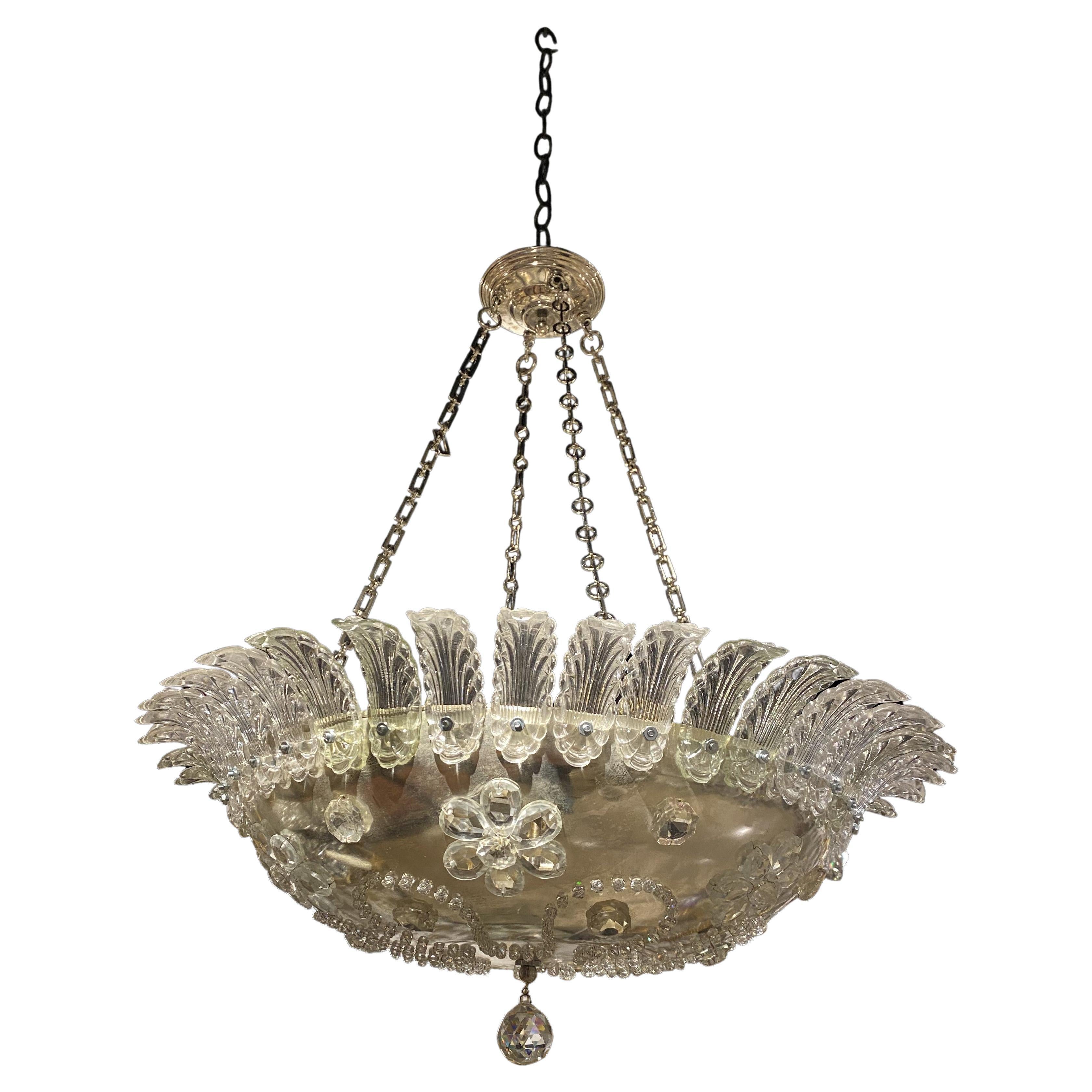 1930's French Silver Plated Light Fixture with Crystals Flowers  For Sale
