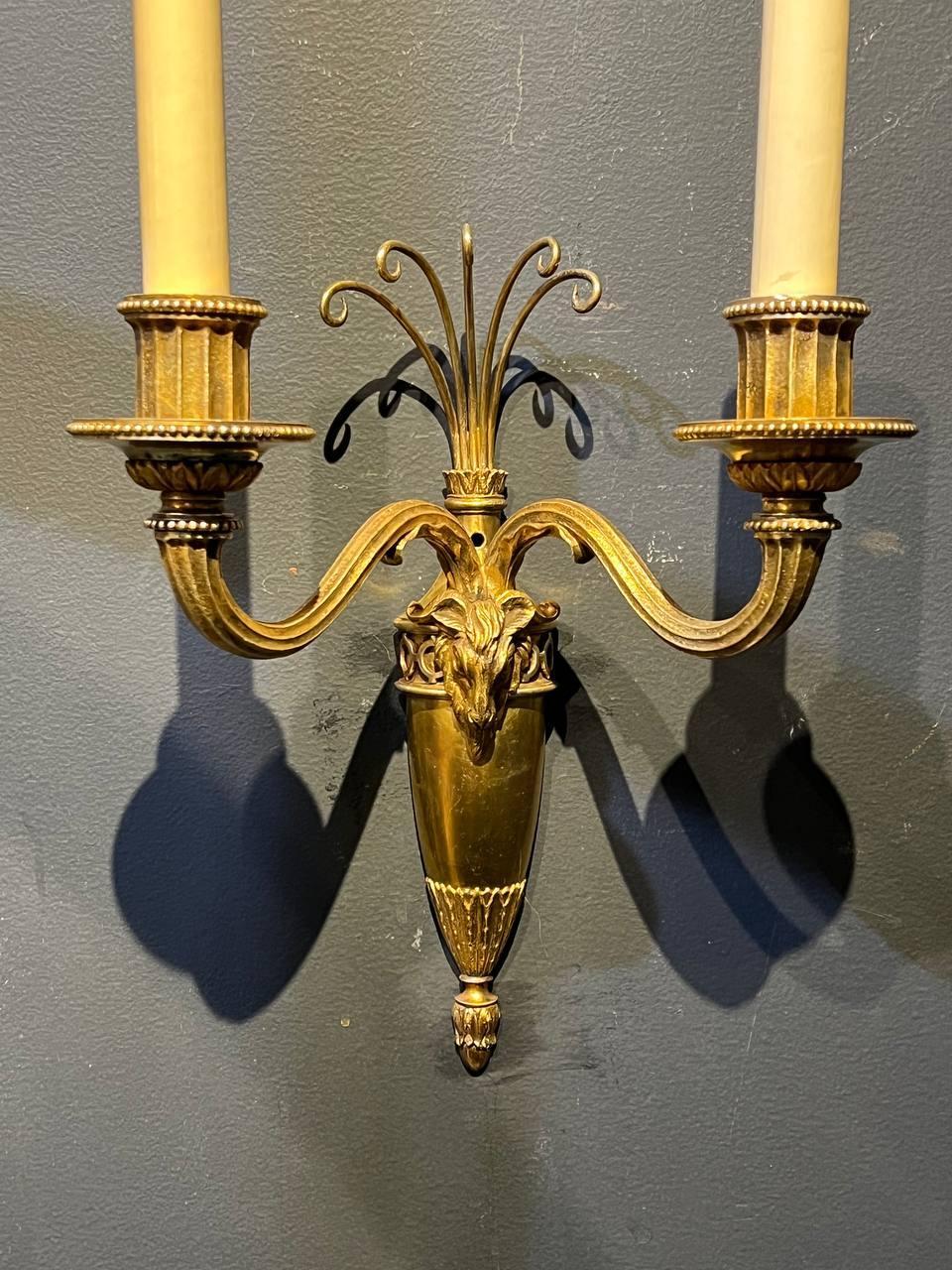 Gilt Pair 1930's French Louis XVI Sconces with Ram Head For Sale