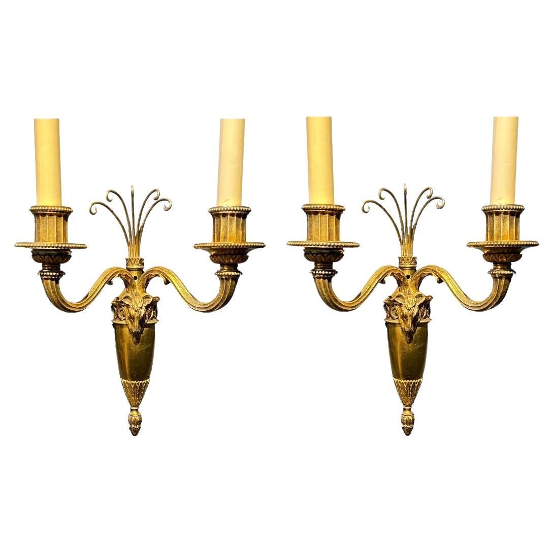 Pair 1930's French Louis XVI Sconces with Ram Head For Sale