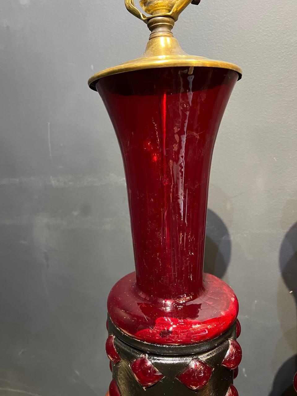 1930's French Ruby Glass Table Lamps - Pair In Good Condition For Sale In New York, NY