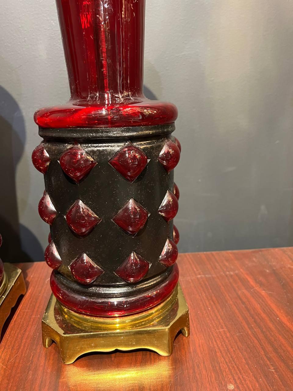 Blown Glass 1930's French Ruby Glass Table Lamps - Pair For Sale
