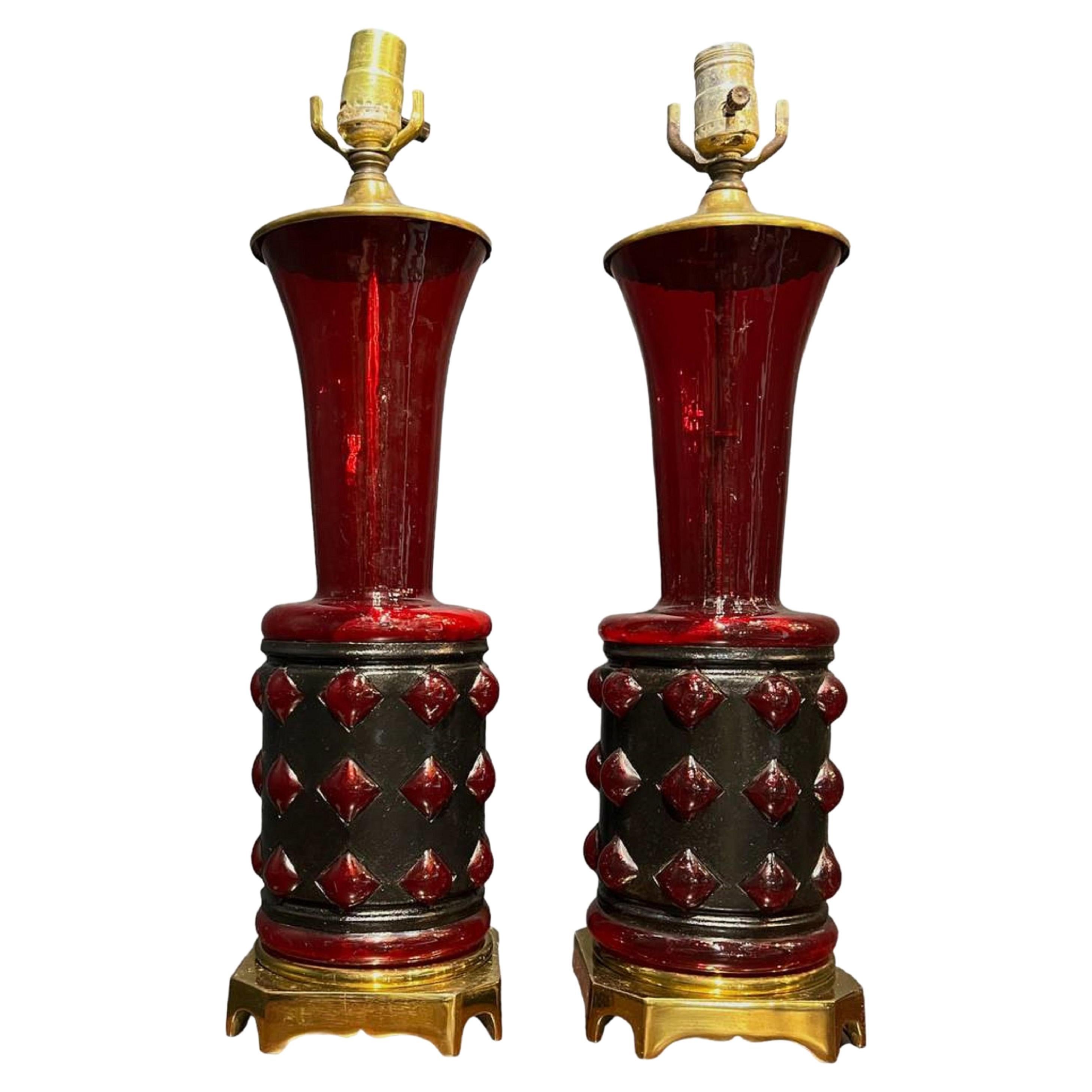 1930's French Ruby Glass Table Lamps - Pair For Sale