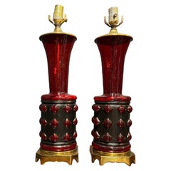 Vintage 1930's French Ruby Glass Table Lamps - Pair