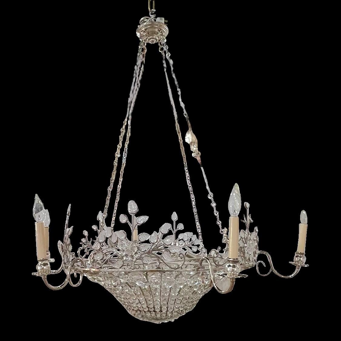 A circa 1930's French silver plated chandelier with crystals and glass leaves  12 interior lights