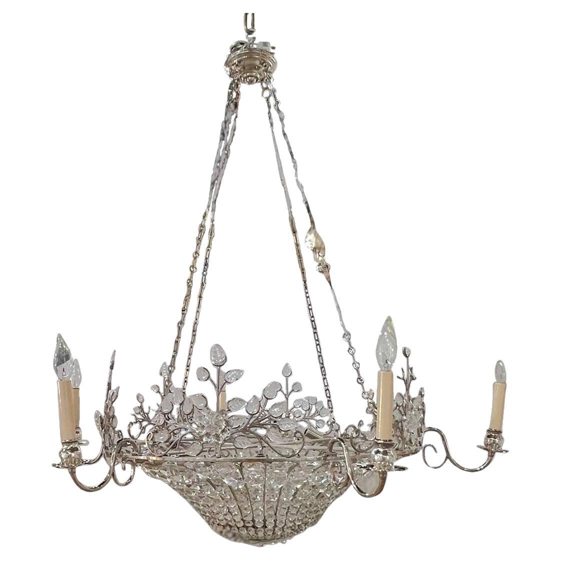 1930's French Silver Plated Crystals Chandelier with 12 Lights