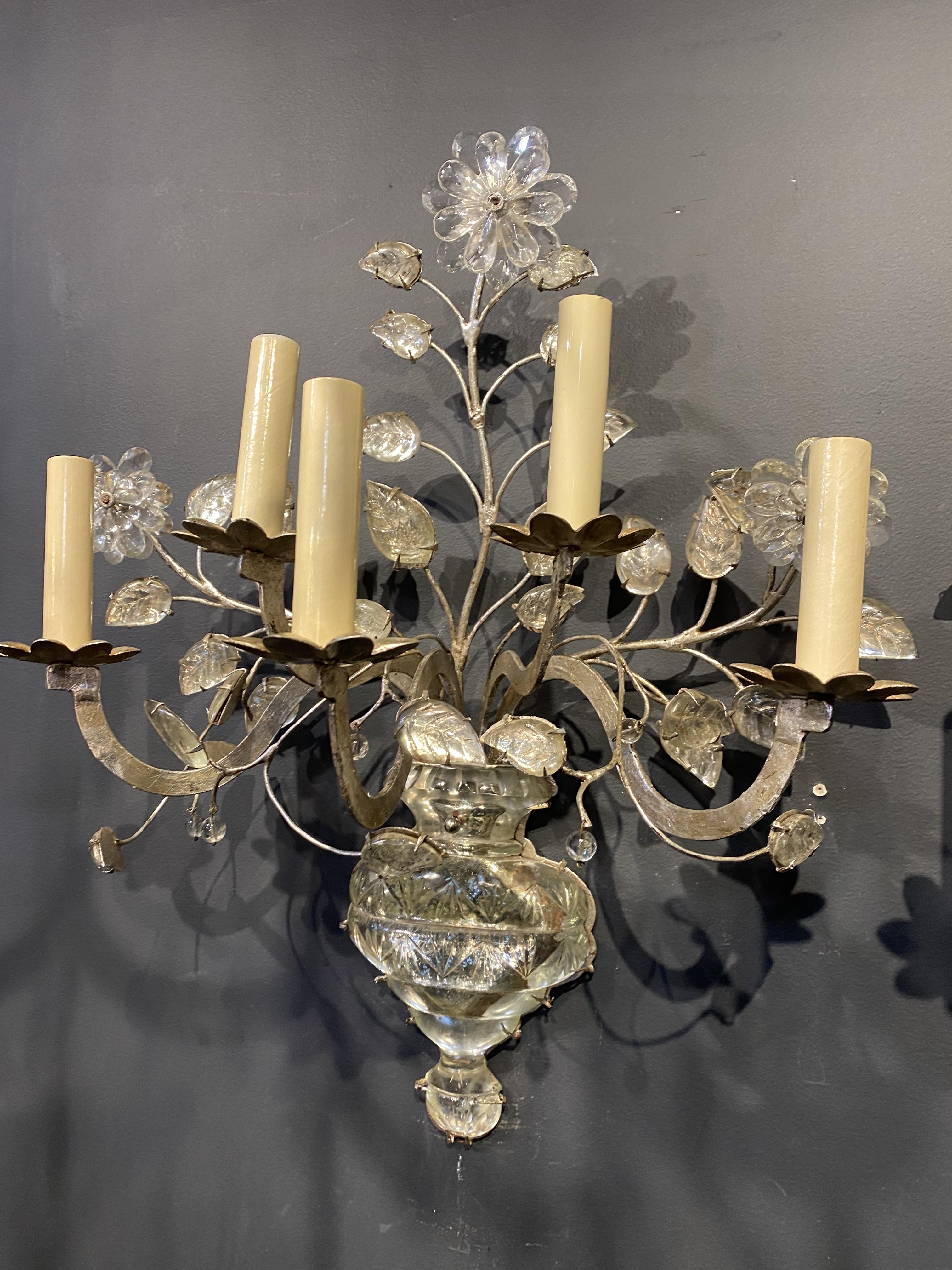 French Provincial 1930's French Bagues Silvered Metal 5 Lights Sconces with Crystals For Sale