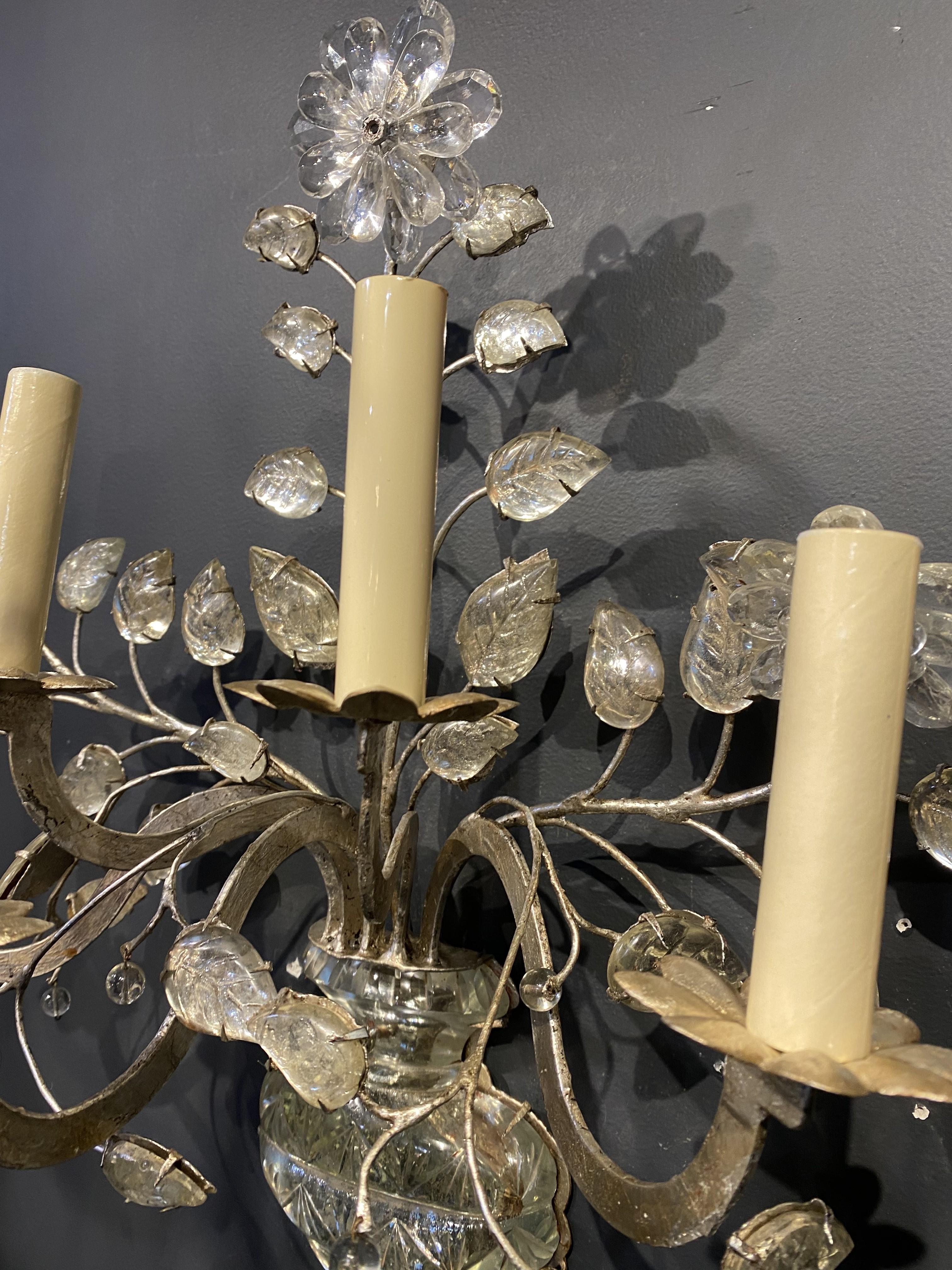 1930's French Bagues Silvered Metal 5 Lights Sconces with Crystals In Good Condition For Sale In New York, NY