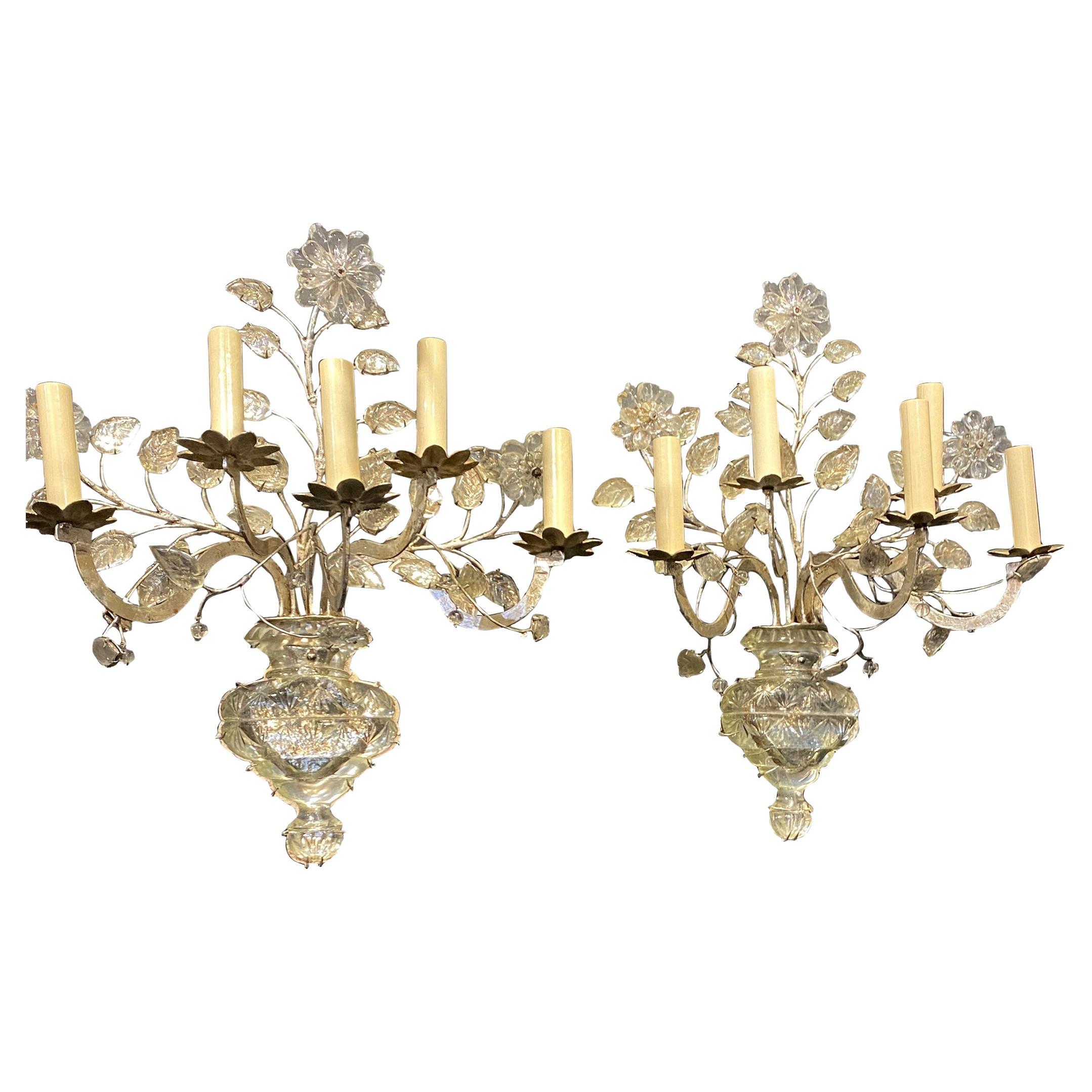 1930's French Bagues Silvered Metal 5 Lights Sconces with Crystals For Sale