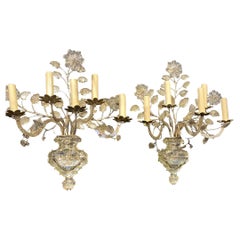 1930's French Bagues Silvered Metal 5 Lights Sconces with Crystals