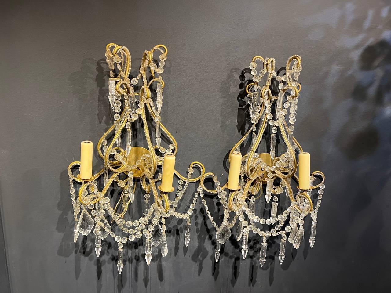 1930's Italian Beaded Crystal Sconces with 2 Lights In Good Condition For Sale In New York, NY