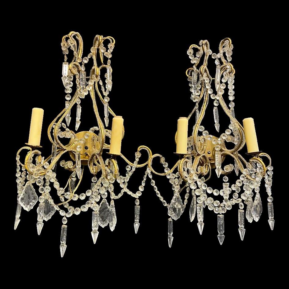 Metal 1930's Italian Beaded Crystal Sconces with 2 Lights For Sale