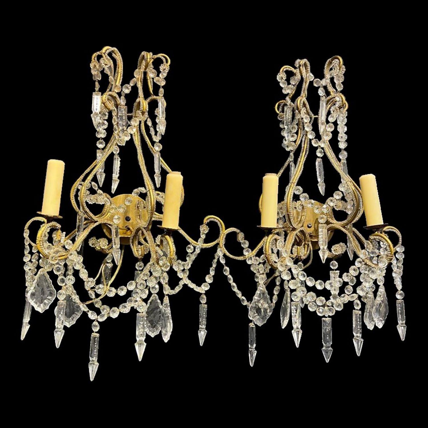 1930's Italian Beaded Crystal Sconces with 2 Lights For Sale 1