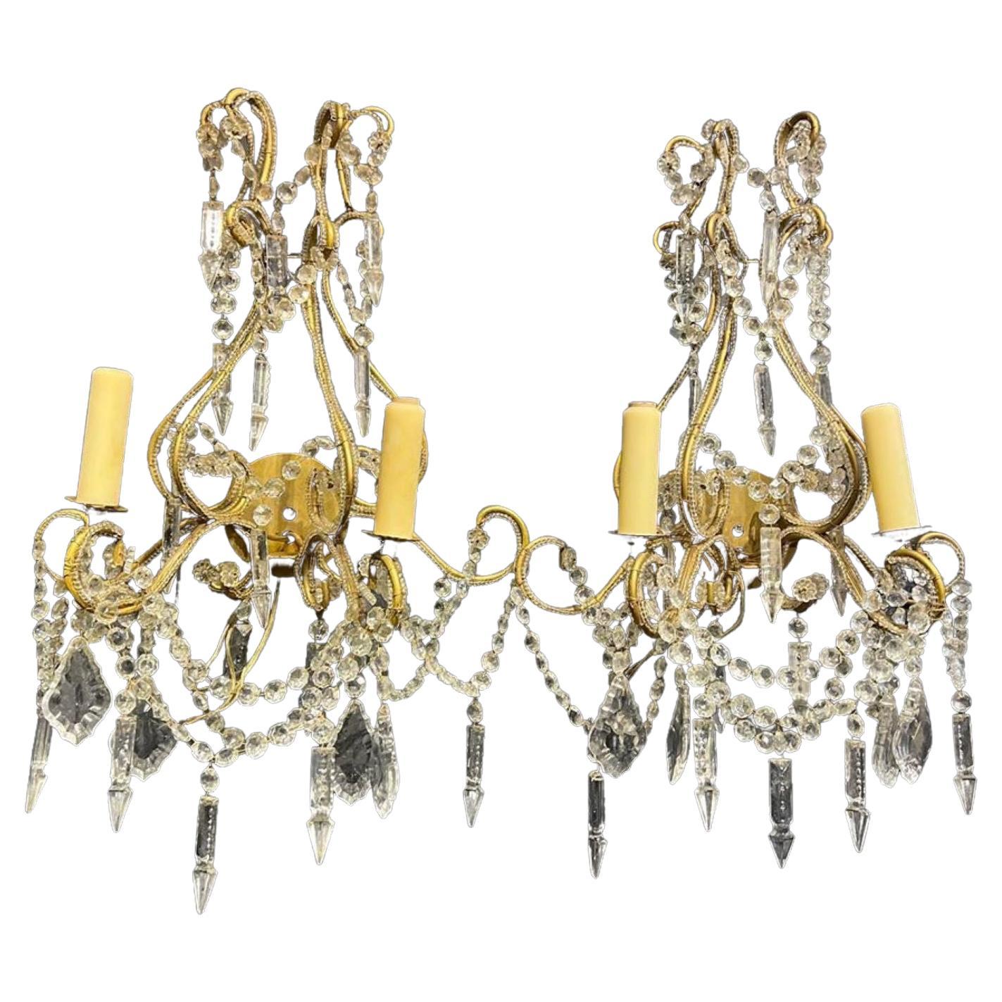 1930's Italian Beaded Crystal Sconces with 2 Lights For Sale